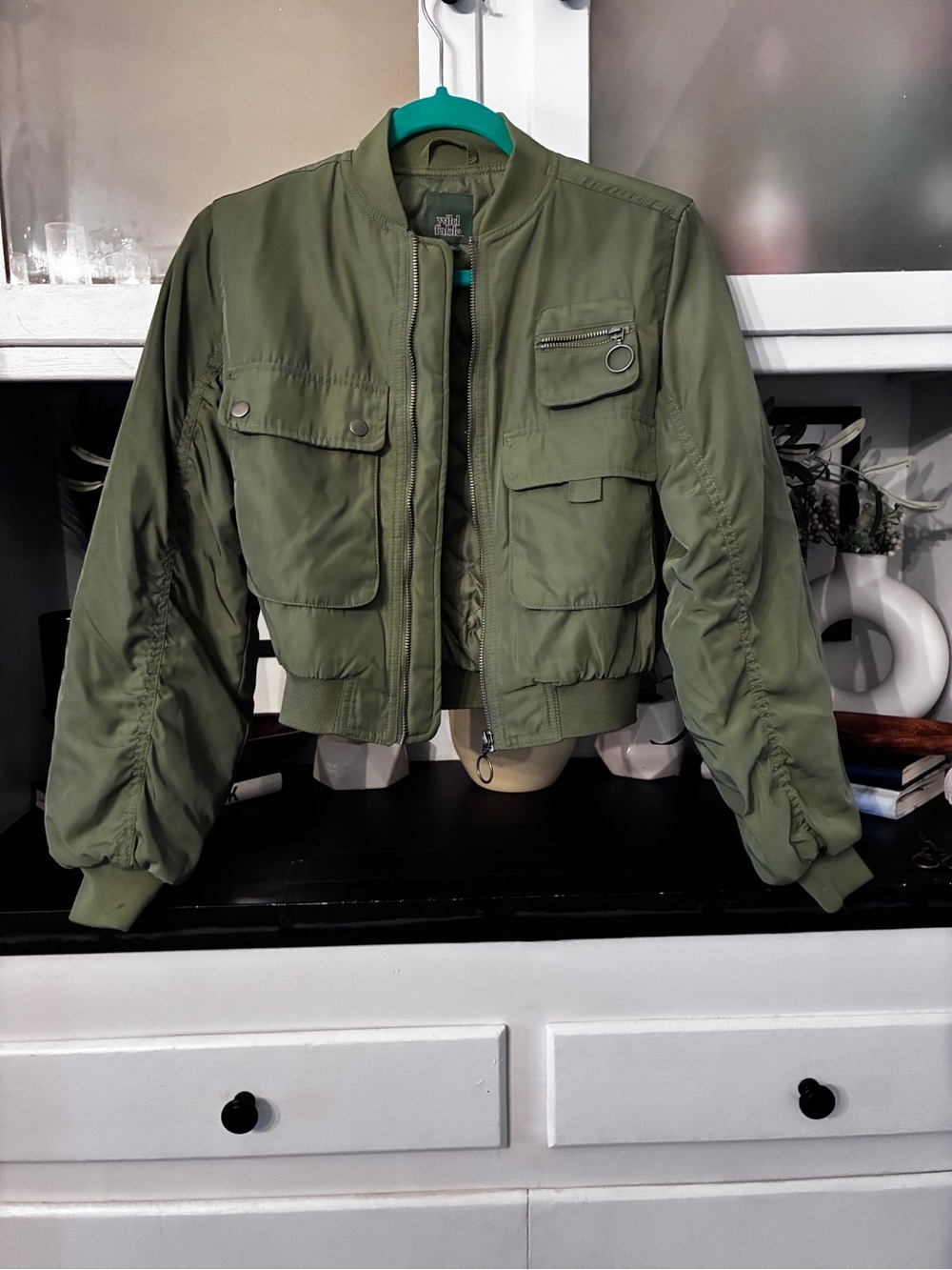 wild fable Army Green Utility Cropped Bomber Jacket